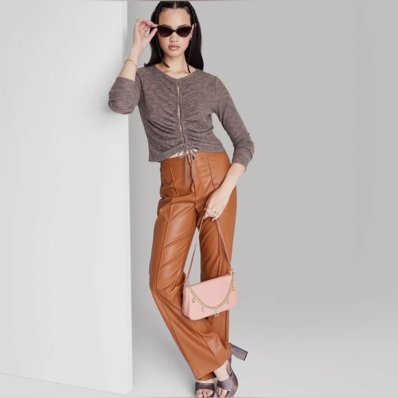 Brown Long Sleeve Lace Up Front Keyhole Blouse  Wild Fable Women's - Picture 1 of 6